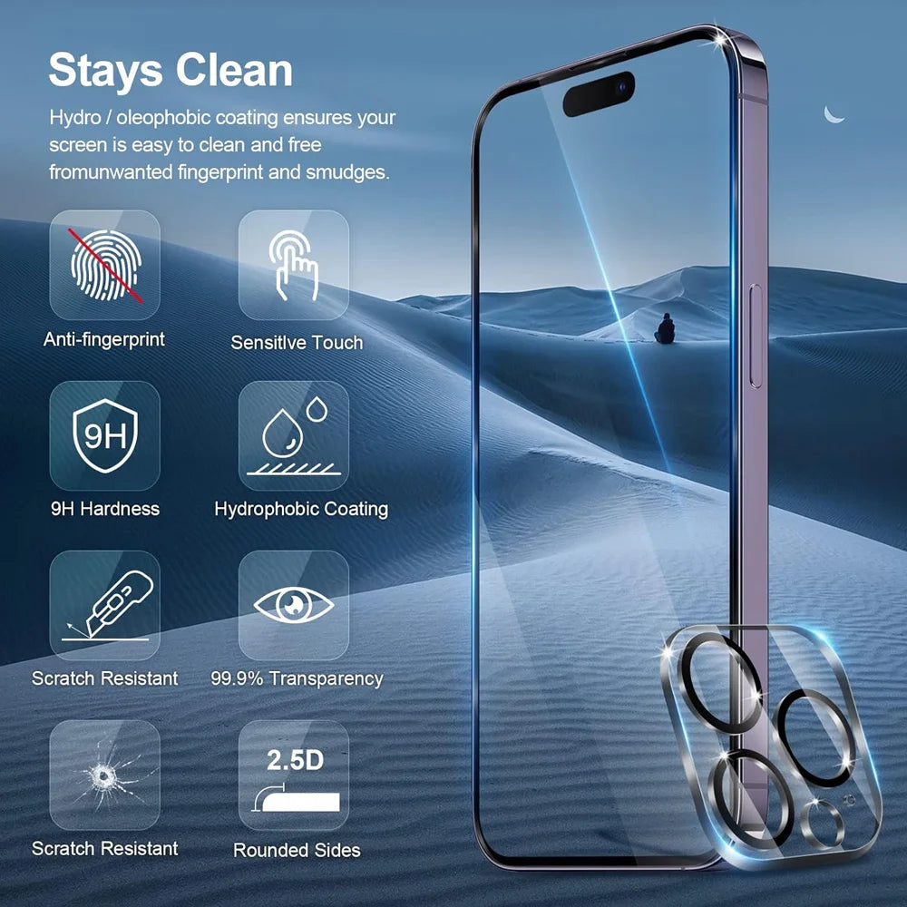 Premium Tempered Glass Screen Protector and Camera Lens Film for iPhone 11, 12, 13, 14, 15, 16, and 17 Pro Max