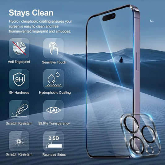 Premium Tempered Glass Screen Protector and Camera Lens Film for iPhone 11, 12, 13, 14, 15, 16, and 17 Pro Max